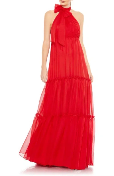 Mac Duggal Ruched Tiered High Neck Bow A Line Gown In Red