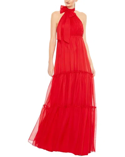 Mac Duggal Ruched Tiered High Neck Bow A Line Gown In Red