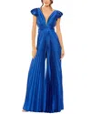 Mac Duggal Ruffle Cap Sleeve Cutout Heat Pleated Jumpsuit In Blue