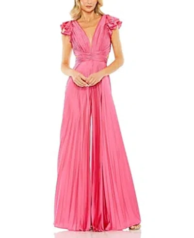 Mac Duggal Ruffle Cap Sleeve Cutout Heat Pleated Jumpsuit In Candy Pink