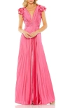 Mac Duggal Ruffle Cap Sleeve Cutout Heat Pleated Jumpsuit In Pink