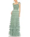 Mac Duggal Ruffle Cap Sleeve Embellished Tiered Gown In Green