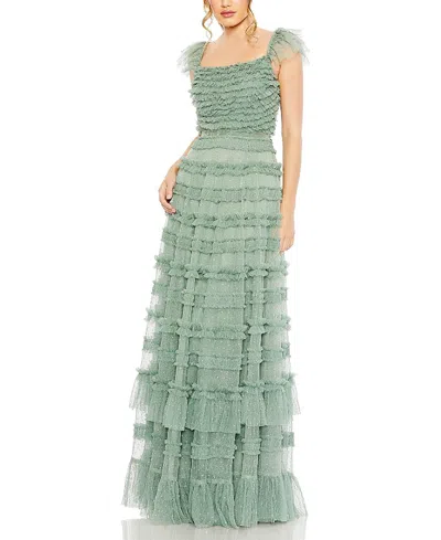 MAC DUGGAL RUFFLE CAP SLEEVE EMBELLISHED TIERED GOWN