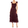 Mac Duggal Ruffle Cap Sleeve Embellished Tiered Midi Dress In Amethyst