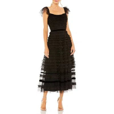 MAC DUGGAL MAC DUGGAL RUFFLE CAP SLEEVE EMBELLISHED TIERED MIDI DRESS