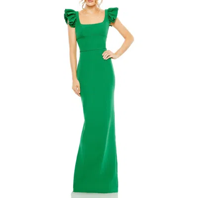 Mac Duggal Ruffle Cap Sleeve Open Back Column Gown In Green