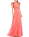 Mac Duggal Pleated Halter Neck Asymmetrical Hem Gown In Pink