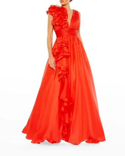 Mac Duggal Ruffle Shoulder V-neck Chiffon Ballgown In Red