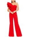 Mac Duggal One Shoulder Ruffle Detail Flare Pant Jumpsuit In Red