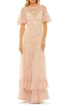 Mac Duggal Ruffled Floral Embellished Flutter Sleeve A-line Gown In Blush