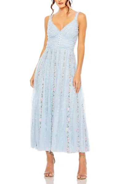 MAC DUGGAL MAC DUGGAL RUFFLE FLORAL EMBROIDERED DETAIL TEA LENGTH DRESS