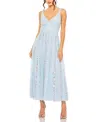 Mac Duggal Ruffle Floral Embroidered Detail Tea Length Midi Dress In Blue Multi