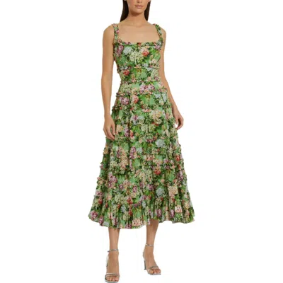 Mac Duggal Ruffle Floral Square Neck Midi Dress