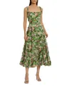 Mac Duggal Ruffle Floral Square Neck Midi Dress In Green Multi