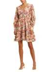 Mac Duggal Ruffle Floral V Neck Cotton Mini Dress
