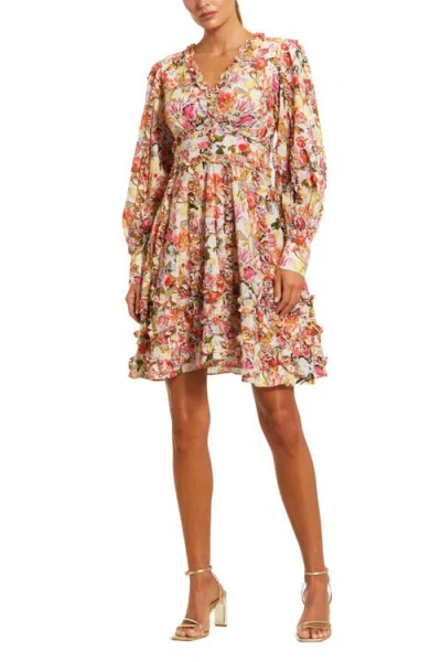 Mac Duggal Ruffle Floral V Neck Cotton Mini Dress