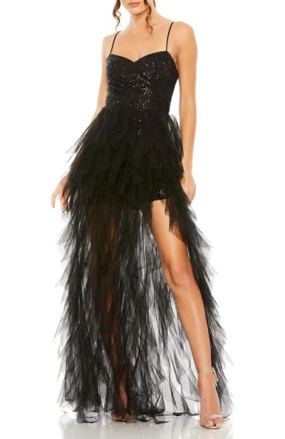 Mac Duggal Sequin Mini With High Low Ruffle Tiered Train Dress In Black
