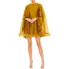 Mac Duggal High Neck Ruffle Hem Cape Mini Dress In Antique Gold