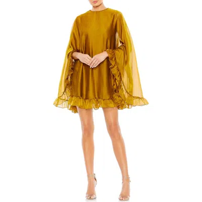 Mac Duggal High Neck Ruffle Hem Cape Mini Dress In Antique Gold
