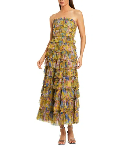 MAC DUGGAL RUFFLE MESH STRAPLESS MIDI DRESS