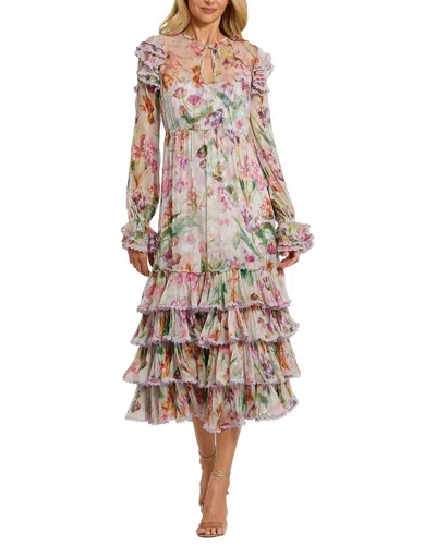 Mac Duggal Long Sleeve Tie Neck Ruffle Detail Floral Dress In Lilac Multi