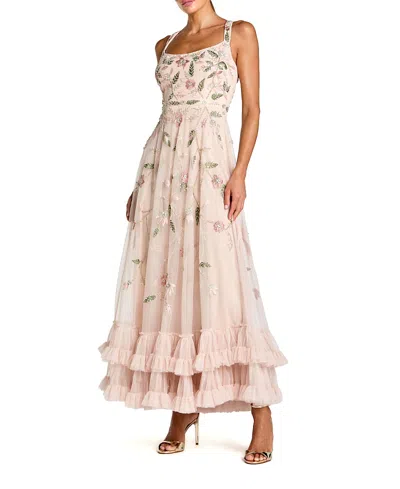 Mac Duggal Ruffle Midi Dress With Floral Embroidery In Multi