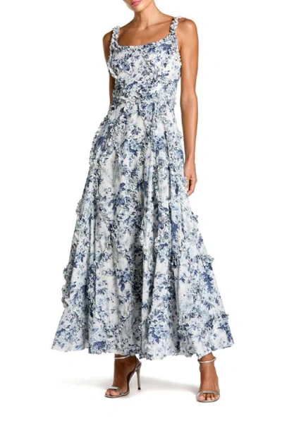 Mac Duggal Ruffle Scoop Neck Floral A-line Dress In Blue