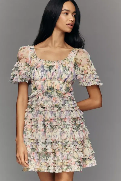 Mac Duggal Ruffle Short-sleeve Mesh Mini Dress In Multi