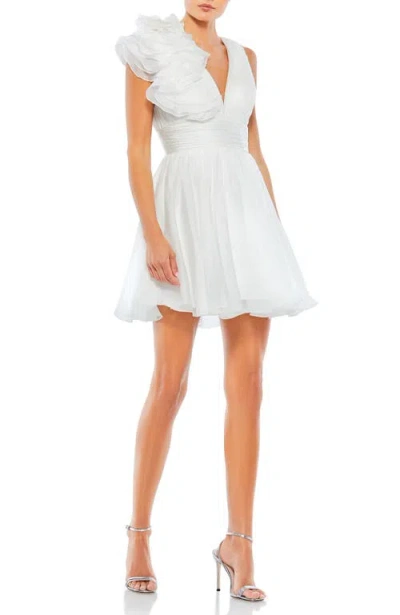 Mac Duggal Ruffle Shoulder Empire Waist Deep-v Dress In White