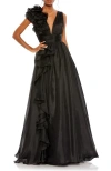 Mac Duggal Ruffle Shoulder V-neck Chiffon Ballgown In Black