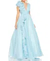 Mac Duggal Single Cascading Ruffle Shoulder V-neck Chiffon Gown