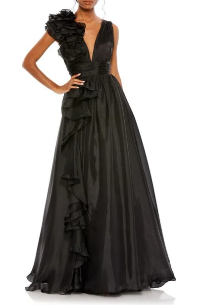 MAC DUGGAL MAC DUGGAL RUFFLE SHOULDER V-NECK CHIFFON BALLGOWN