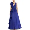 Mac Duggal Ruffle Shoulder V-neck Chiffon Gown In Blue