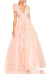 Mac Duggal Ruffle Shoulder V-neck Chiffon Gown In Blush