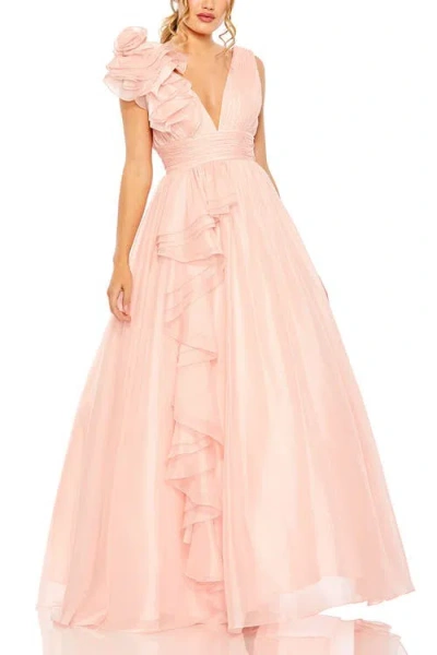 Mac Duggal Ruffle Shoulder V-neck Chiffon Gown In Blush