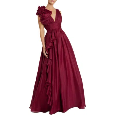 Mac Duggal Ruffle Shoulder V-neck Chiffon Gown In Brown