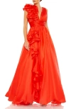Mac Duggal Ruffle Shoulder V-neck Chiffon Gown In Cherry