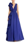 Mac Duggal Ruffle Shoulder V-neck Chiffon Gown In Cobalt