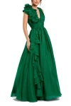 Mac Duggal Ruffle Shoulder V-neck Chiffon Gown In Emerald