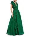 Mac Duggal Ruffle Shoulder V-neck Chiffon Gown In Green