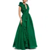 Mac Duggal Ruffle Shoulder V-neck Chiffon Gown In Green