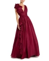 Mac Duggal Ruffle Shoulder V-neck Chiffon Gown In Wine