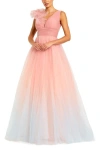 Mac Duggal Ruffle Shoulder V Neck Ombre Tulle Ballgown