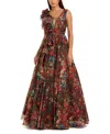 Mac Duggal Ruffle Shoulder V-neck Printed Chiffon Gown In Burgundy
