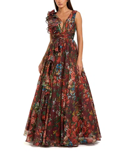 Mac Duggal Ruffle Shoulder V-neck Printed Chiffon Gown In Burgundy