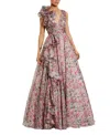 Mac Duggal Ruffle Shoulder V-neck Printed Chiffon Gown In Multi