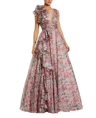 MAC DUGGAL RUFFLE SHOULDER V-NECK PRINTED CHIFFON GOWN