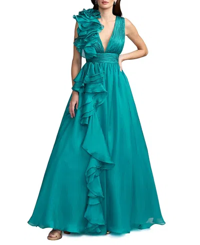 Mac Duggal Ruffle Shoulder V-neck A-line Evening Gown In Green
