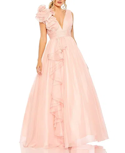 Mac Duggal Single Cascading Ruffle Shoulder V-neck Chiffon Gown In Blush