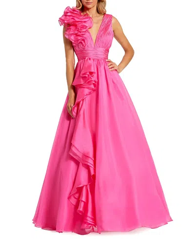 Mac Duggal Ruffle Detail Ruched Chiffon Ballgown In Hot Pink